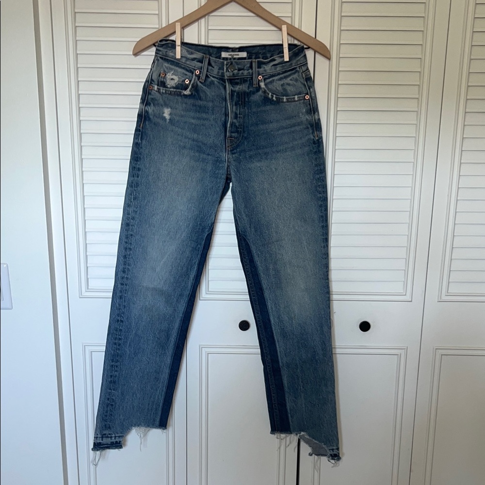 GRLFRND Distressed Two-Tone Blue Straight Leg Jeans